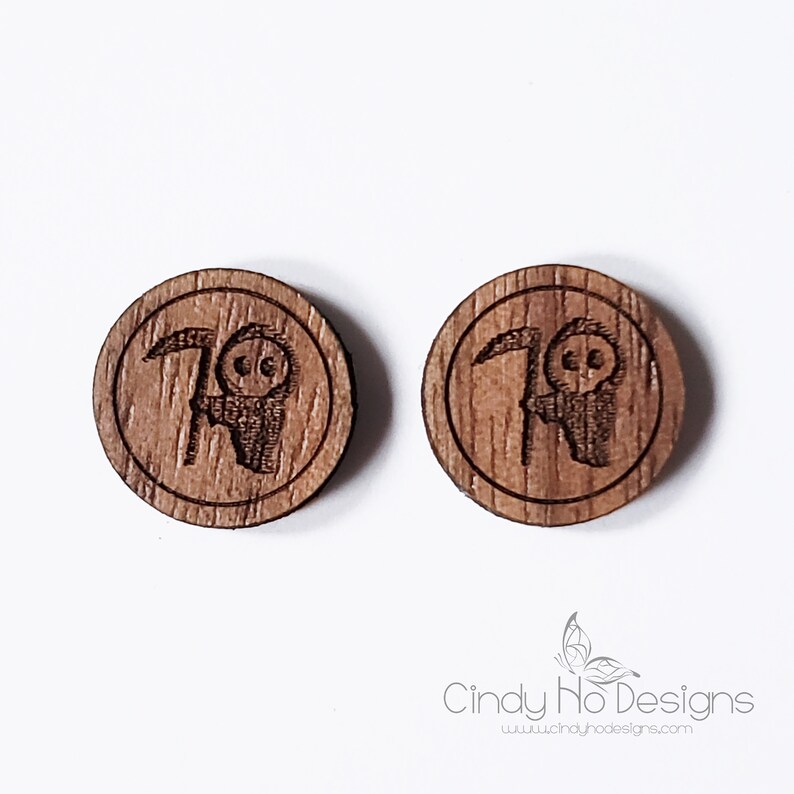 Cute Grim Reaper Laser Cut Stud Earrings Halloween Wood image 2