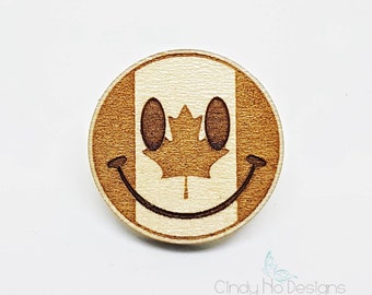 Canada Smiley Emoji Wooden Pin or Magnet - Laser Cut, Canadian