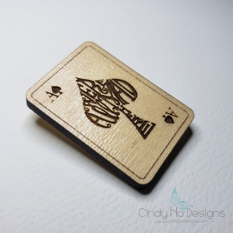 We're All Mad Here Spade Playing Card Wooden Pin Brooch Laser Cut image 2