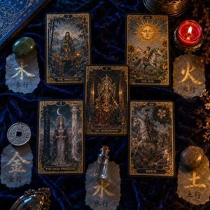 May include: A collection of tarot cards with ornate illustrations and gold accents, including "The Magician," "The Sun," and "Death." The cards are arranged on a dark blue velvet surface, with a lit candle and other mystical objects.