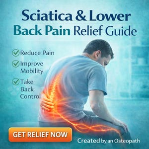 May include: An advertisement for a "Sciatica & Lower Back Pain Relief Guide." The image shows a person with a glowing spine, with text indicating the guide helps to "Reduce Pain," "Improve Mobility," and "Take Back Control." The call to action button says "GET RELIEF NOW."