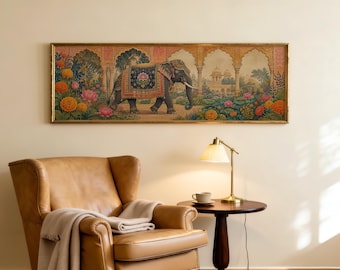 May include: A rectangular wall art print featuring a detailed illustration of a decorated elephant walking through a garden with orange and pink flowers, set against an architectural background with arches and domes in a gold-toned frame.
