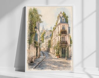 May include: A watercolor painting of a narrow cobblestone street in Paris, featuring light-colored buildings with balconies, green climbing vines, and a distant view of the Sacré-Cœur Basilica under a soft, pale blue sky with light clouds.
