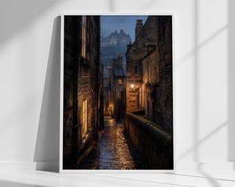 Edinburgh Old Town Print, Scotland Castle Alley Poster, Rainy Cobblestone Street Art, Dark Academia Decor, Moody Historic City Photography