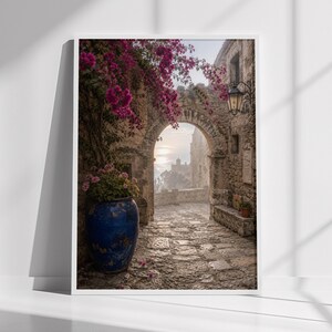 Erice Sicily Fine Art Print – Misty Stone Courtyard and Blue Ceramic Pot