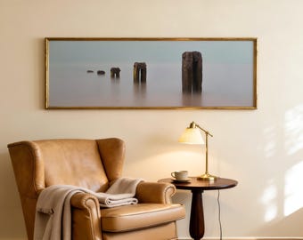 Minimalist Sea Pilings Panoramic Wall Art, Long Exposure Coastal Photography