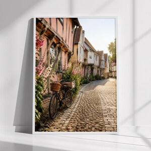 May include: A framed wall art print depicting a narrow cobblestone street lined with timber-framed buildings in shades of pink and cream. A black bicycle with a wicker basket sits near tall pink hollyhock flowers under warm sunlight.