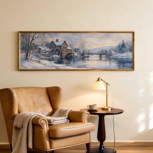 Snowy Watermill Village Panoramic Wall Art, Cozy Winter Watercolor Print