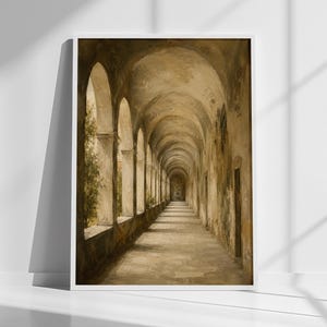 Kreuzgang Flur Wandkunst, Gewölbter Korridor Druck, Alte Welt Eingangsbereich Dekor, Neutrales Architektur Poster, Gerahmter Torbogen Kunstdruck