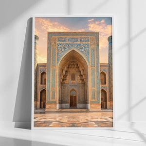 Samarkand Registan Travel Poster, Uzbekistan Blue Tile Architecture Poster, Silk Road Mosque Art, Central Asia Office Decor, Islamic Decor