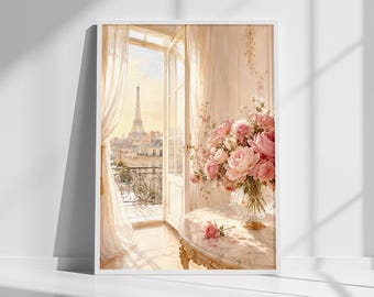 Cuadro decorativo floral para comedor parisino, lámina con balcón de la Torre Eiffel, póster para apartamento francés, decoración floral romántica, cuadro parisino enmarcado.