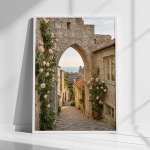 May include: A framed wall art print depicting a stone archway over a cobblestone path in a historic village. Pale pink climbing roses grow along the weathered stone walls on both sides of the arch, with a view of distant hills and sky.