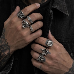Puede incluir: Una colección de siete anillos de metal plateado usados en los dedos. Los anillos presentan varios diseños, incluyendo un patrón de telaraña, filigrana intrincada, un motivo de serpiente, una banda lisa, un emblema circular, una estrella y hojas.
