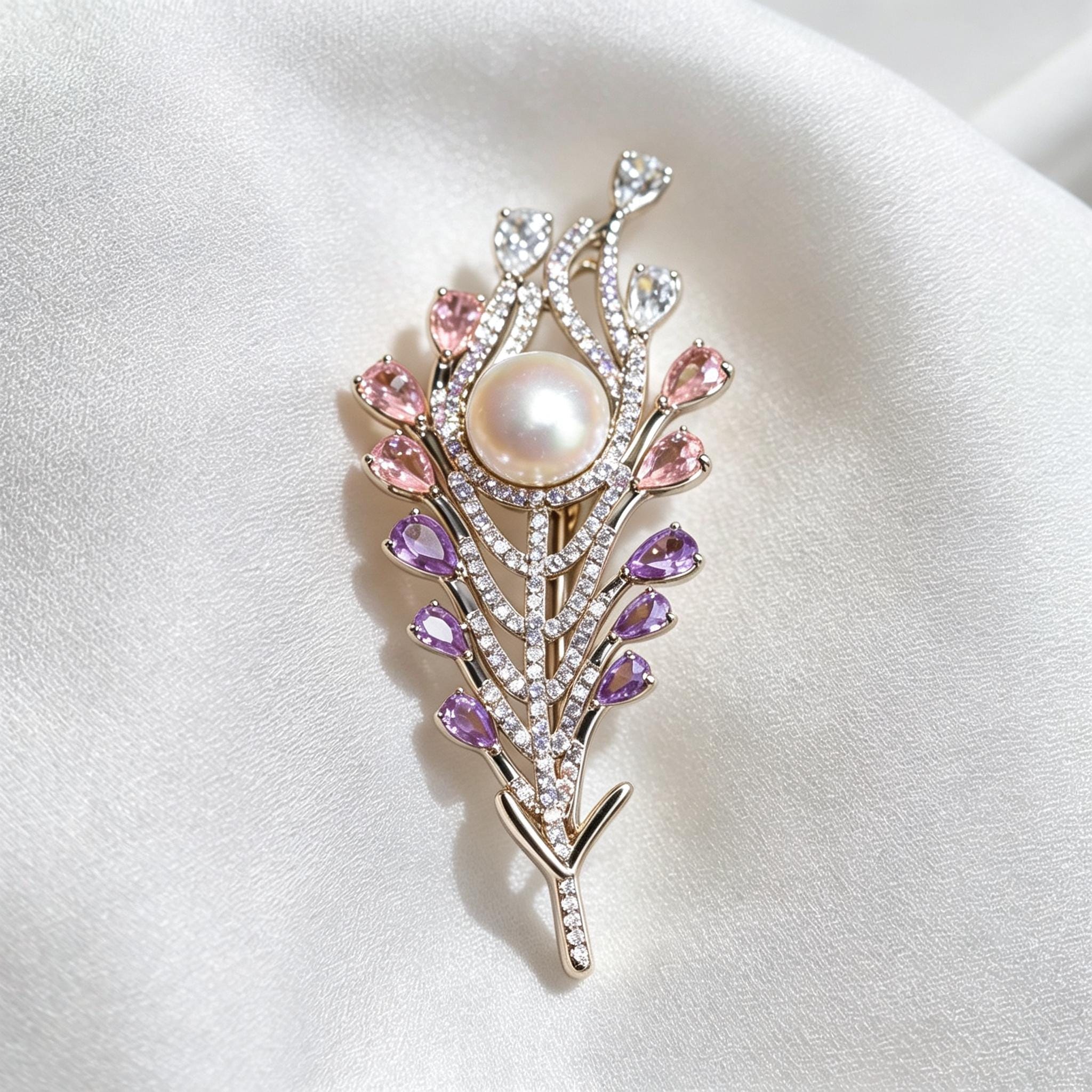 HANDMADE WHITE FEATHER PEARL RHINESTONE CLIP BROOC Light Gold Crystal Feather Hair Clip with Pearls - Cassandra  main image 3