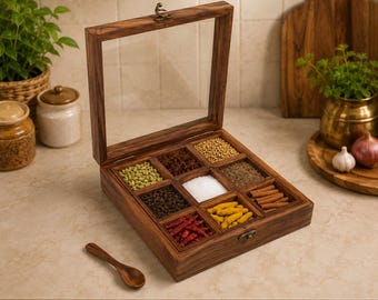 Caja de especias de palisandro hecha a mano con tapa de cristal, organizador de especias de madera con cuchara, caja de almacenamiento de especias indias