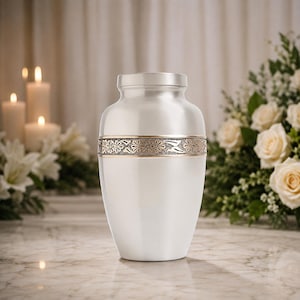 May include: A pearlescent white cremation urn with a smooth, tapered body and a secure lid. A wide, textured metallic band encircles the center, featuring an embossed floral pattern with small daisies and leaves in a muted bronze finish.