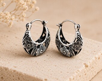 925 Sterling Silber Filigrane Hoop Ohrringe: Gravur Blumenmuster Weihnachtsgeschenk