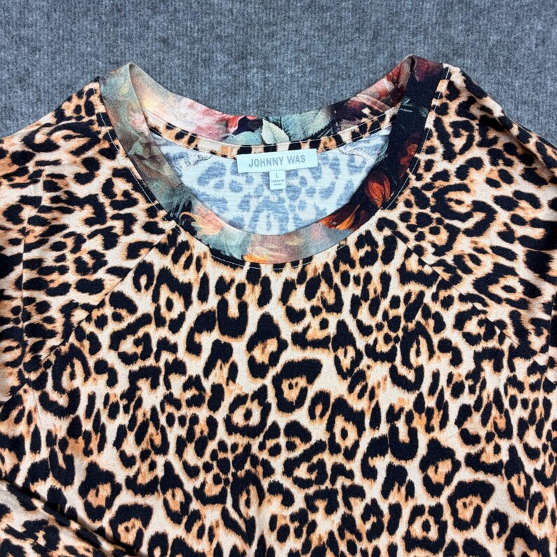 Johnny Was Leopard Print Pajama Set Floral Trim Loungewear Large Womens image 4