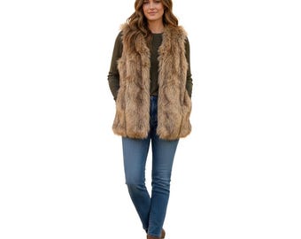 Lauren Ralph Lauren Active Brown Faux Fur Vest Hook Eye Closure Womens L-RL