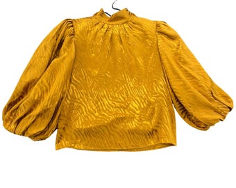 Alice + Olivia Mustard Yellow Tiger Jacquard Puff Sleeve Mock Neck Blouse