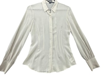 Theory Womens Beige 100% Silk Sheer Pintuck Pleated Button Down Blouse Size P