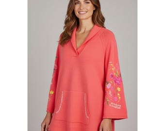 Johnny Was Embroidered Floral Knit Tunic Sweater Coral Pink Cashmere blend XL