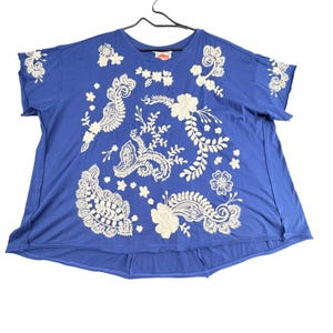 Johnny Was Blue Embroidered Floral Paisley Split Back Cotton T-Shirt XXL B126175 image 1