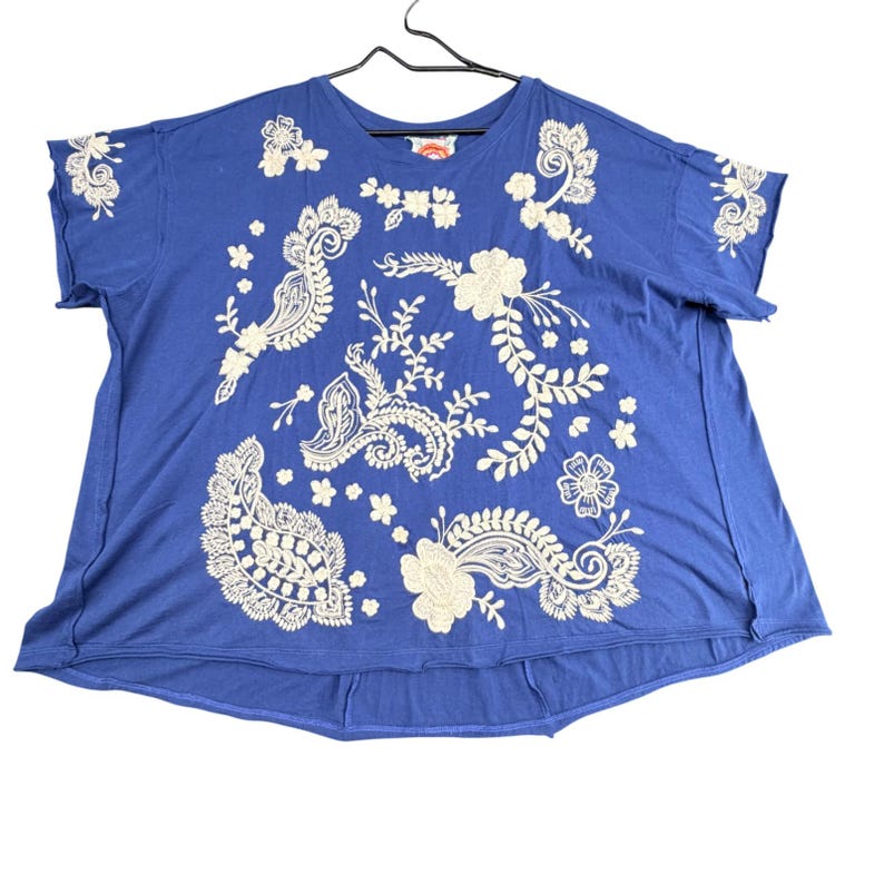 Johnny Was Blue Embroidered Floral Paisley Split Back Cotton T-Shirt XXL B126175 image 1