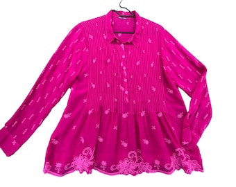 Johnny Was Magenta Cupra Rayon Embroidered Pintuck Peplum Tunic Blouse size M