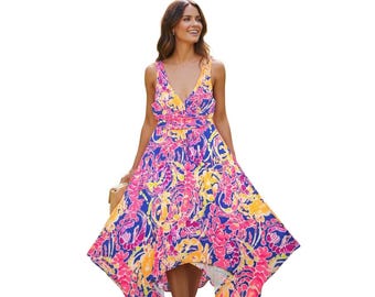 Lilly Pulitzer Sloane Pink Blau Floral Taschentuch Saum V-Ausschnitt Midi Kleid klein