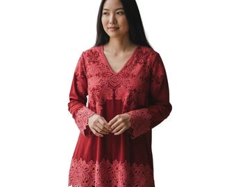 Johnny Was Red Embroidered Lace V Neck Long Sleeve Tunic Top Women's XSP