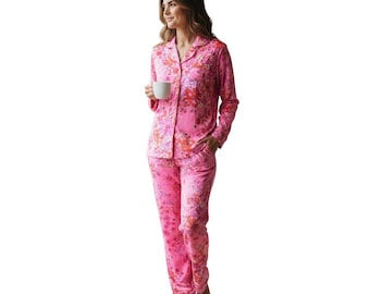 Conjunto de pijama floral rosa Johnny Was, talla XS, manga larga, botones, pantalón y ropa de estar por casa.