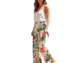 Anatomie Womens Tropical Floral Wide Leg Travel Pants Made in Italy Multicolor M