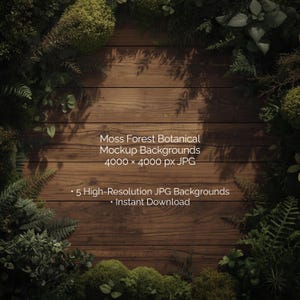 May include: A wooden background with a natural, forest-like border of green moss and foliage. The text "Moss Forest Botanical Mockup Backgrounds" is displayed, along with resolution and download information.