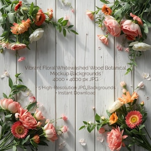 Puede incluir: Un fondo floral de maqueta con una textura de madera blanqueada. La imagen presenta flores vibrantes en tonos de rosa, naranja y blanco, dispuestas en los bordes. El texto en la imagen dice "Vibrant Floral Whitewashed Wood Botanical Mockup Backgrounds".
