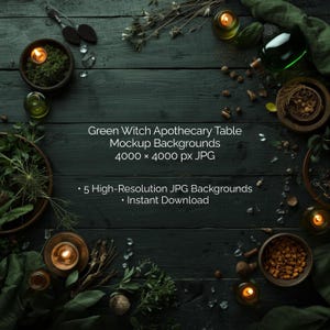 Green Witch Apothecary Table Mockup Backgrounds, Tarot Card Display, Oracle Deck Backdrop, Witchcraft Product Listing Photo, Witchy Potions