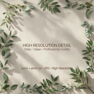 May include: A neutral-toned background with green leafy branches framing the edges. The text "HIGH RESOLUTION DETAIL" is displayed, along with "Crisp • Clean • Professional Quality" and image resolution details.