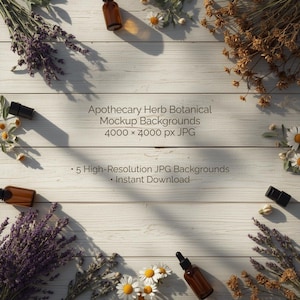 Puede incluir: Vista superior de una superficie de madera blanca con lavanda seca, flores de manzanilla y pequeñas botellas de boticario marrones. La imagen incluye el texto "Apothecary Herb Botanical Mockup Backgrounds" y "5 High-Resolution JPG Backgrounds - Instant Download."