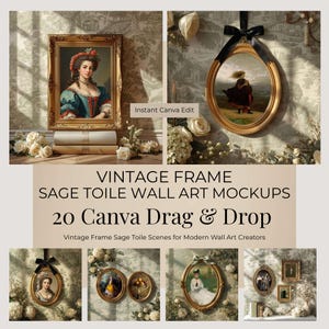 May include: A collection of vintage-style wall art mockups featuring ornate gold rectangular and oval frames displayed against sage toile wallpaper. The images include various portraits and landscapes, some accented with black ribbons and white flowers.