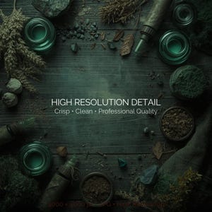 May include: An overhead shot of a rustic wooden surface with various apothecary items. The image features green glass bottles, small bowls with herbs, and scattered stones and foliage. The text "HIGH RESOLUTION DETAIL" is visible.