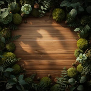 May include: A wooden backdrop with a circular border of green moss spheres, ferns, and foliage. The wood has a warm, brown hue with visible grain and a shadow. The arrangement creates a natural, earthy aesthetic, suitable for various craft projects.
