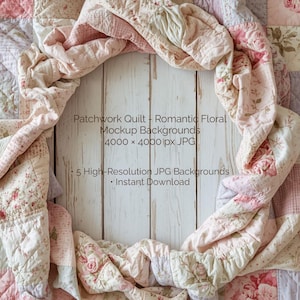 May include: A patchwork quilt with a romantic floral design, in shades of pink, white, and lavender, is draped over a white wooden surface. The image includes text that reads "Patchwork Quilt - Romantic Floral Mockup Backgrounds".