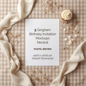Neutral Gingham Invitation Mockup, Beige Birthday Flatlay Background, Minimal Feminine Card Mockup, Wedding Invite Display, Soft Brown