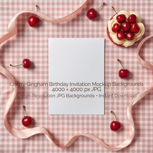 Cherry Gingham Invitation Mockup Backgrounds, Birthday Card Backdrop, Fruit Picnic Flatlay Scene, Greeting Card Background, Tabletop Display