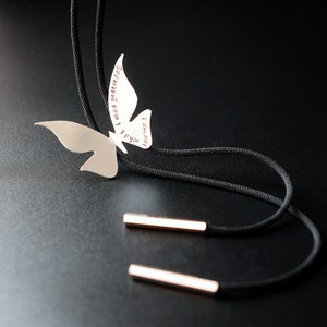 Modern Butterfly Necklace, Bolo Tie Necklace, Adjustable Jewelry, Personalized Engraved Butterfly Necklace, Custom Words Necklace