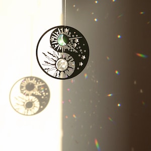 Sun Catcher for Window Hanging, Yin Yang Symbol Wall Decor, Sun and moon Suncatcher, Rainbow maker, Sun Moon Star Wall Art, Boho Home Art