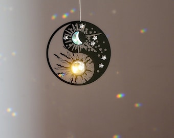 Attrape-soleil pour accrocher une fenêtre, décoration murale symbole Yin Yang, attrape-soleil soleil et lune, arc-en-ciel, art mural étoile soleil lune, art maison bohème
