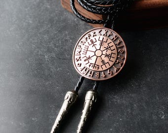 Viking Compass Bolo Tie, Norse Vegvisir Bolo Tie, Viking Runes Jewelry, Protection Symbol Necklace, Guiding Viking Compass Necklace