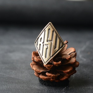 May include: A silver ring with a diamond-shaped face, displaying the letters "RSU" in a geometric design. The ring is set on a brown pine cone against a dark backdrop, emphasizing the metallic shine and detailed craftsmanship of the jewellery.