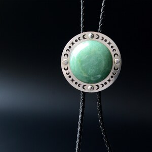 Custom Green Aventurine Moon Phase Bolo Tie, Crescent Moon Phase Necklace, Bolo Tie For Men Wedding, Stone Agate Wedding Bolo tie